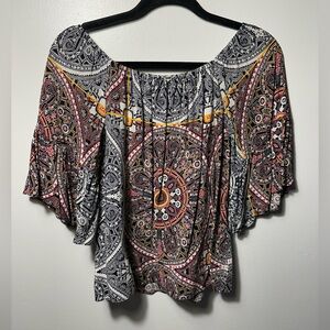 Sanctuary Blouse Boho Mandala 1/4 BellSleeve Flowy Elastic Off Shoulder Top XS